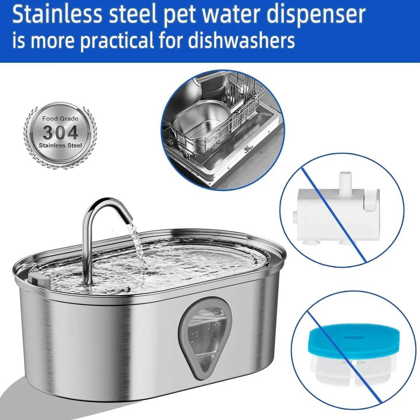 35L Stainless Steel Cat Water Fountain with Water Level Window Pet Fountain Cat Dog Water Dispenser for Multiple Cats Fountain M251204