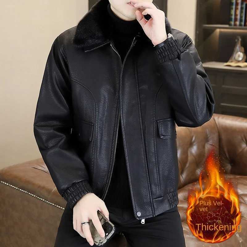 2025Mens Fleece-Lined Thickened Fur Collar Leather Jacket Autumn Winter New Style High-QualityT251204
