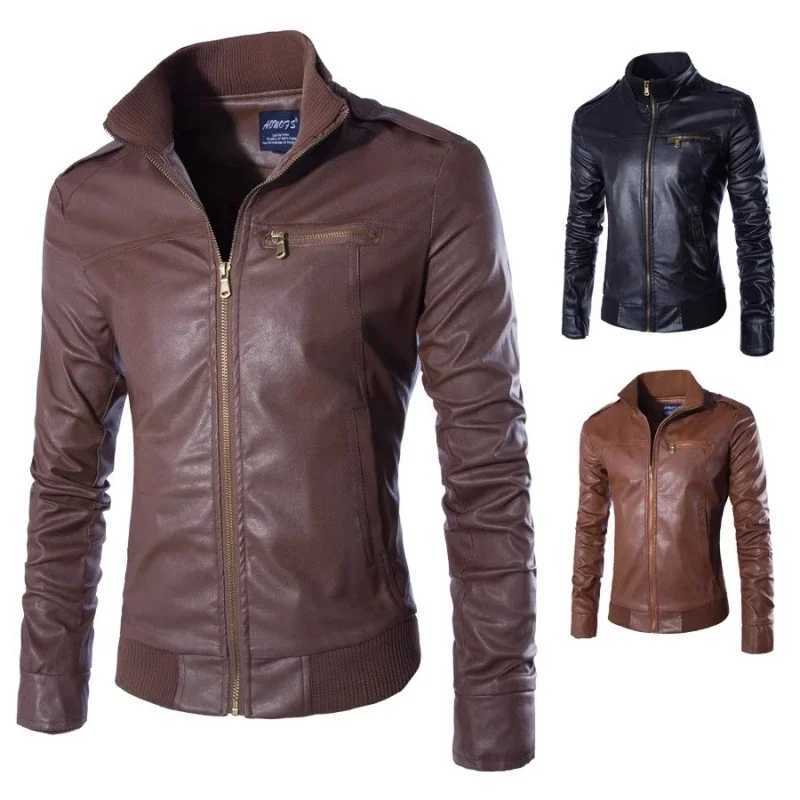 Fashion Mens Solid Color Leather Jacket High-quality PU Leather Stand-collar Slim CoatsT251204