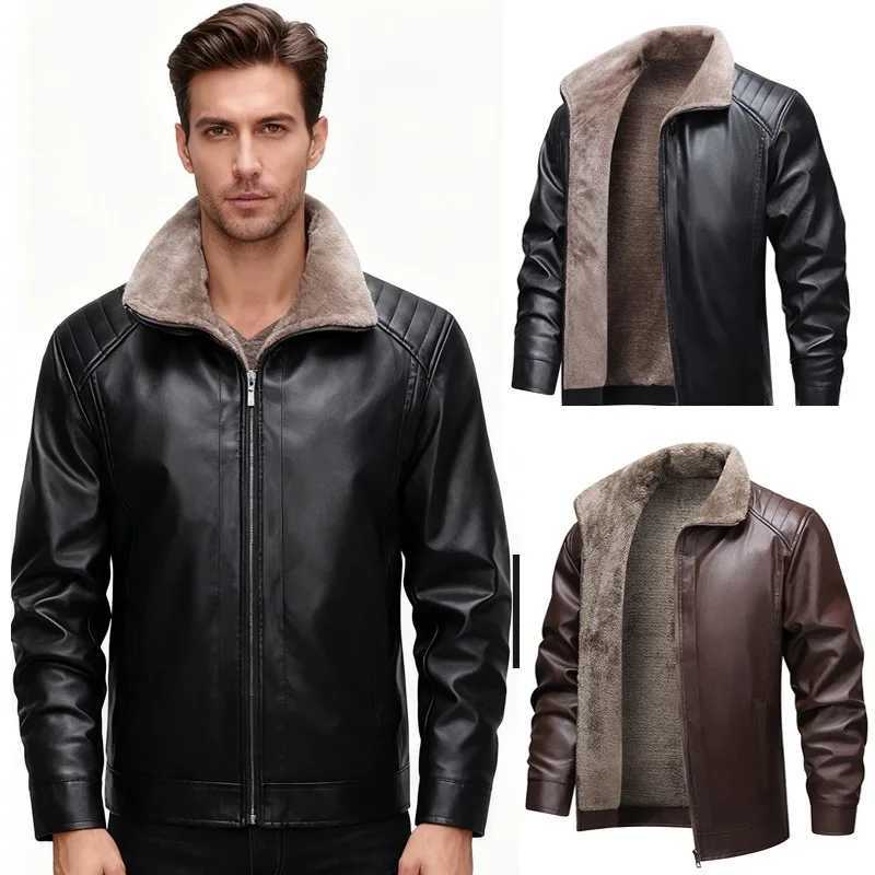 2025 New Mens Faux Leather Jacket Thick Fleece Lined Winter Coat Modern Stylish Square Collar OuterwearT251204