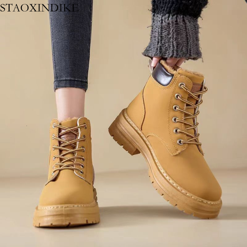 2025 Winter Hot-Selling Women's Martin Boots British Style Women's Shoes Hiking Short Boots with Fleece Yellow Boots