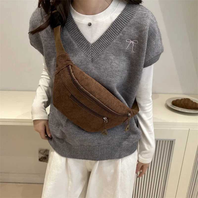 Casual Large Capacity Waist Bag For Women Brown Corduroy Crossbody Chest Bag Leisure Travel Anti theft Belt Bag Banana PurseT251204