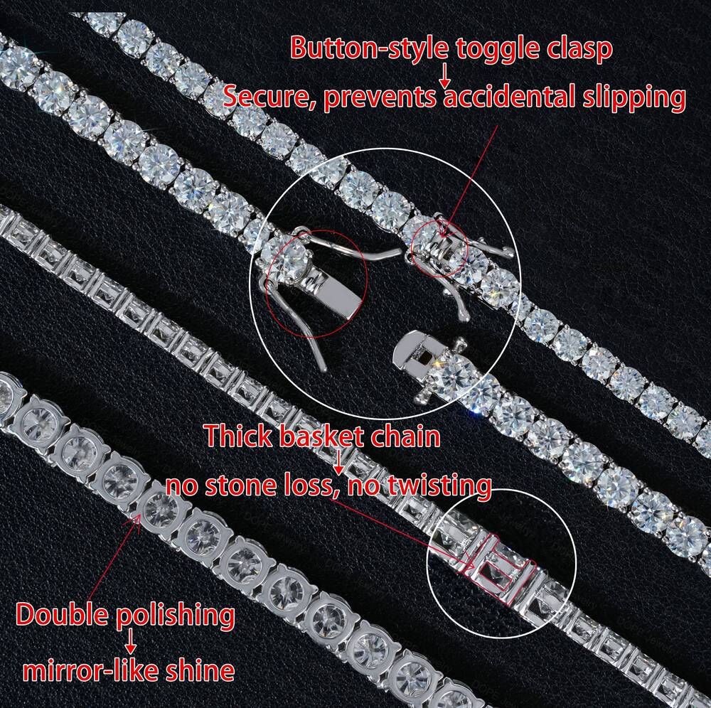 Ready to Ship 3mm 4mm 5mm Moissanite Chain Real D Grade VVS 925 Silver Moissanite Tennis Chain