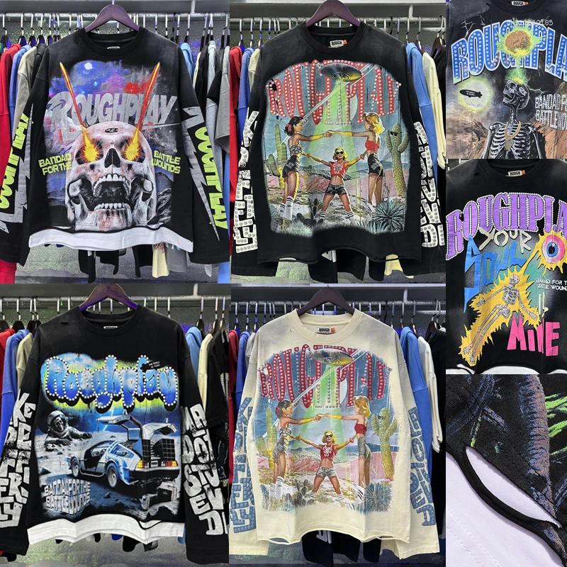 Men's Hoodies Real Pictures High Quality Roughplay T Shirt All-match Men Women Hip-hop Streetwear Long Sleeve Tee Heavy-duty Holey Fake Double Pi