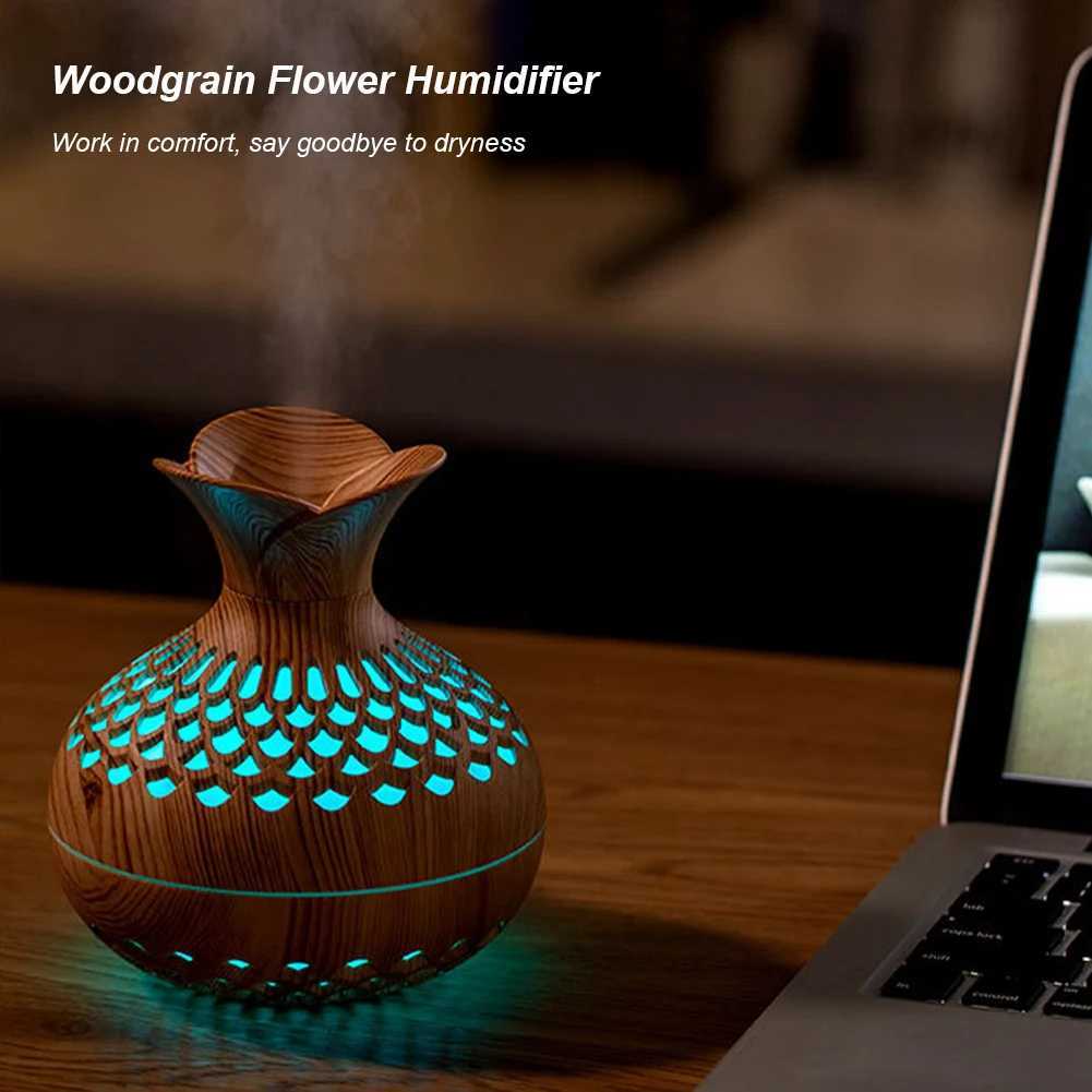 300ML Wood Grain Flower Humidifier Silent Aratherapy Diffuser USB Rechargeable Mini Air Humidifier with Colorf Night Light C251204
