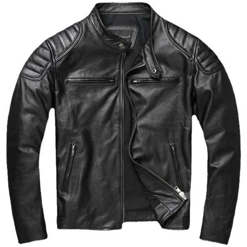 2025 New Men Genuine Leather Jacket Top Grain Cowhide Stand Collar Biker Coat Youth Spring Autumn Plus SizeT251204