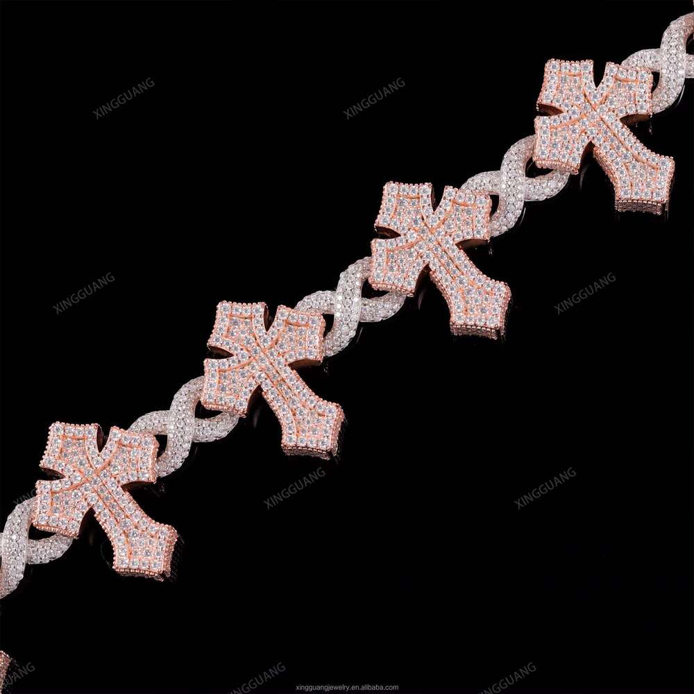 Starlight 925 Sterling Silver Iced Out Infinity Cross Cuban Chain Bracelet with VVS Silicon Stone Diamond Two-tone Hip Hop Style