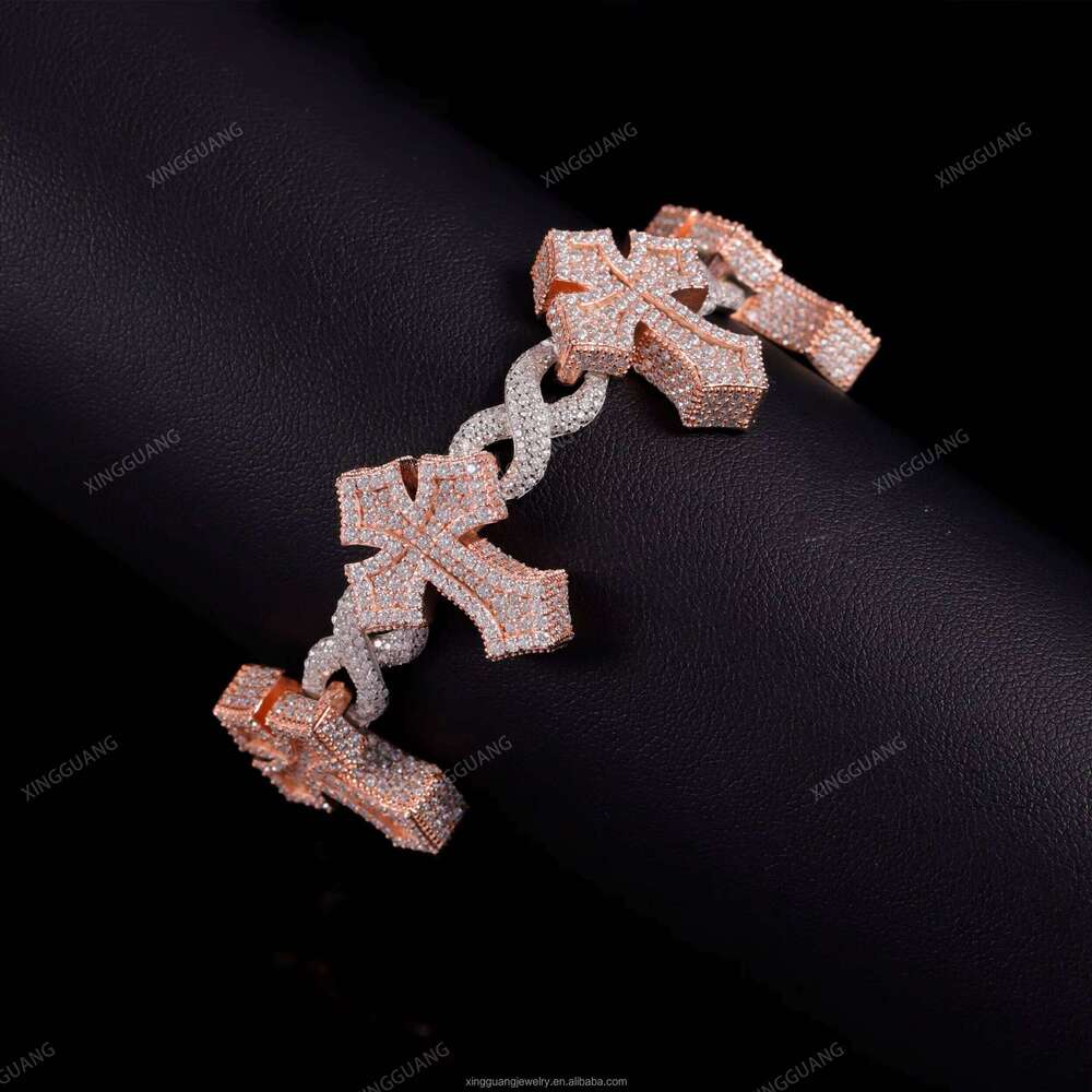 Starlight 925 Sterling Silver Iced Out Infinity Cross Cuban Chain Bracelet with VVS Silicon Stone Diamond Two-tone Hip Hop Style