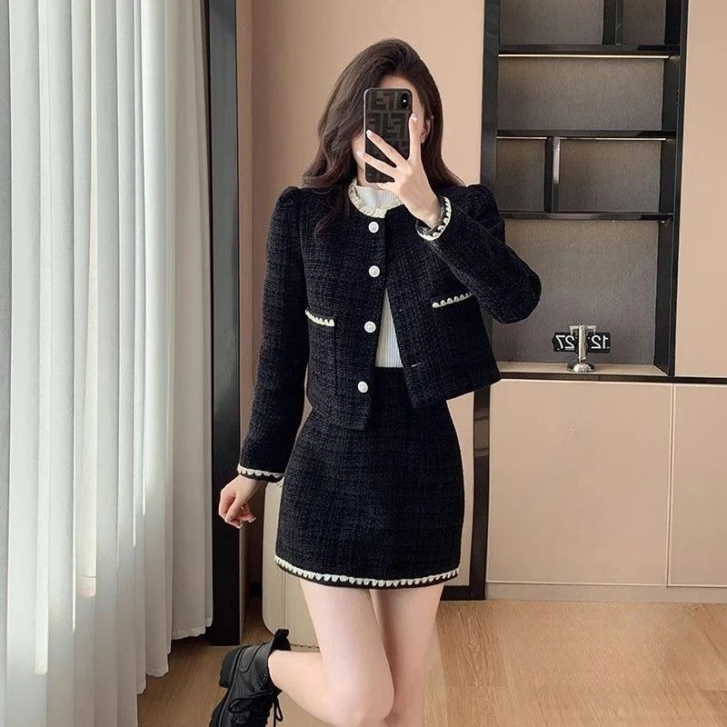 Winter Womens Two Pieces Set Tweed Suit Set with Blazer and Skirt Button Chic Korean Fashion Casual Events Woman Clothes 251203
