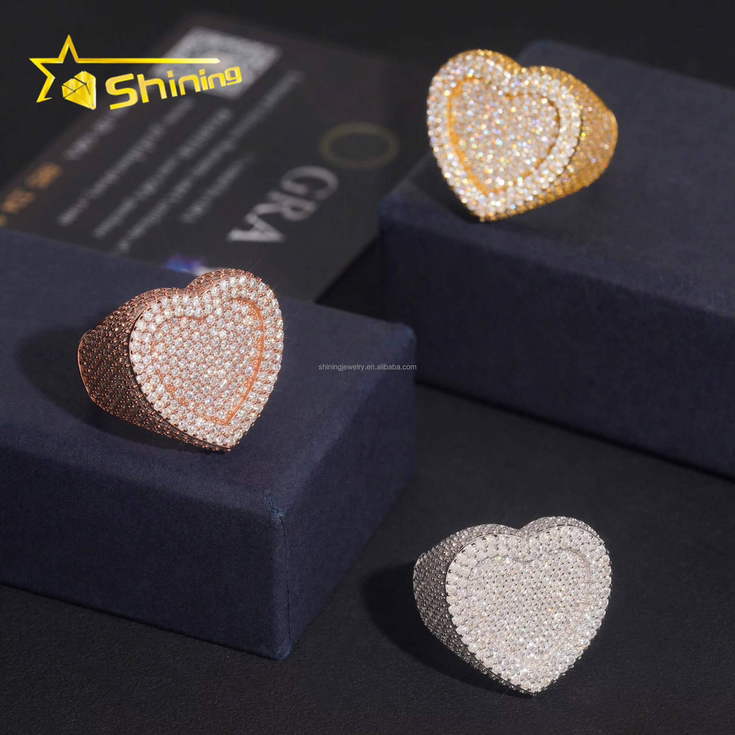Bulk Stock Drop Shipping Hip Hop Fire Jewelry Man S925 Solid Silver Iced Out VVS1 Moissanite Diamond Heart Shape Ring Man Gift