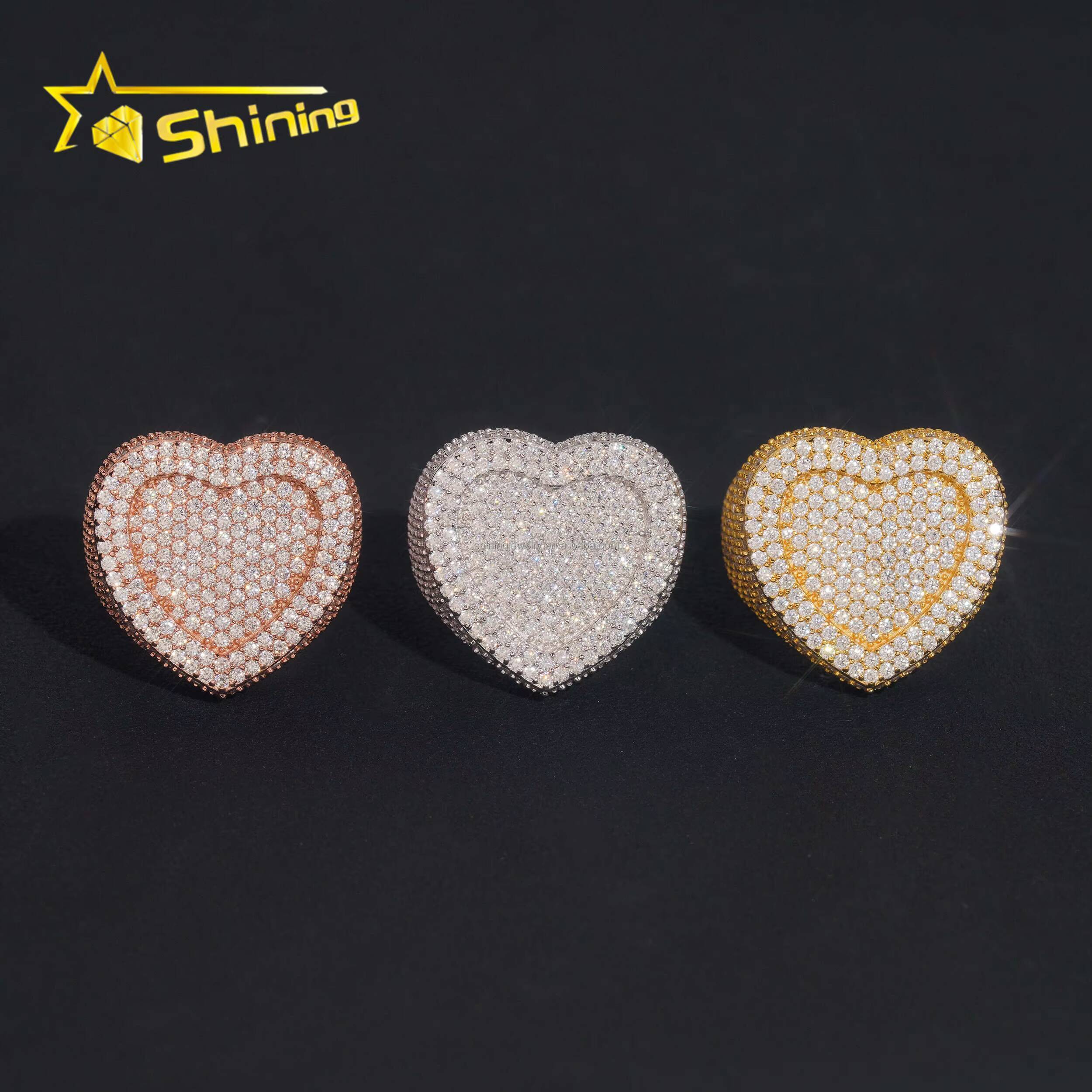 Bulk Stock Drop Shipping Hip Hop Fire Jewelry Man S925 Solid Silver Iced Out VVS1 Moissanite Diamond Heart Shape Ring Man Gift