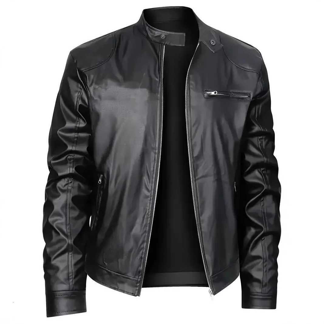 Black Color Mens Stand Up Collar Slim Fit Pu Leather Jacket with Chain Pockets Motorcycle Streetwear Mens ClothesT251204