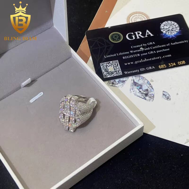 925 Sterling Silver Moissanite Rings Dollar-Shaped Ring Iced Out Moissanite Hip Hop Style Jewelry Ring Pass Diamond Test GRA