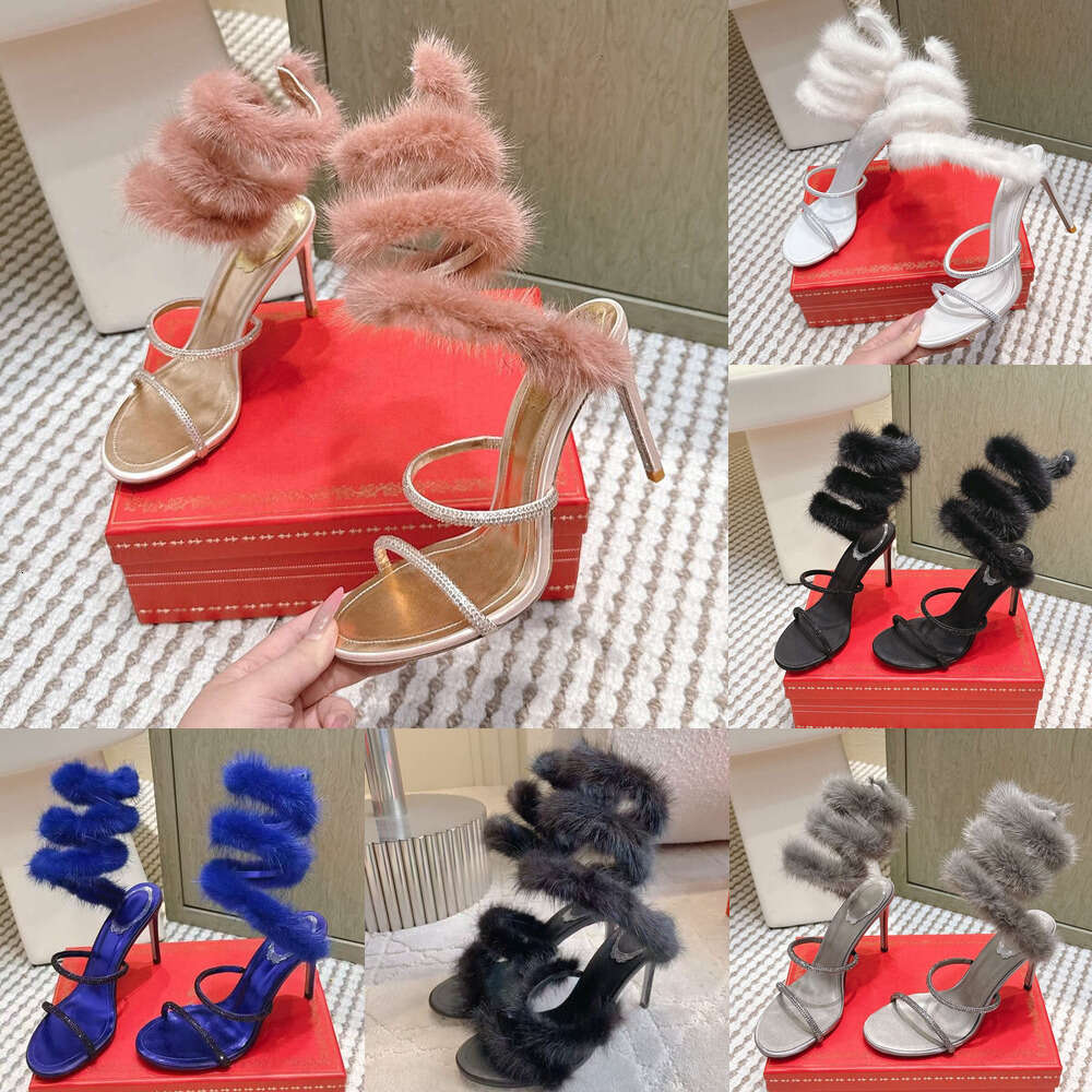 luxury High heel Sandal Designer woman shoe Embellished with Rhinestones Pink rabbit fur Stiletto Heel sandals Snake-like Ankle Wraparound wedding Evening shoes