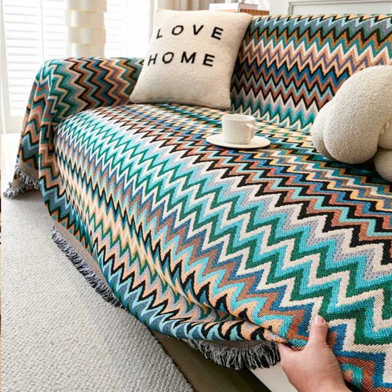 1PC Ethnic Sofa Towel Wave Print Jacquard Sofa Blanket With Tassels Four Seasons Universal Double Face Usable Home Decor M251204 - view 4