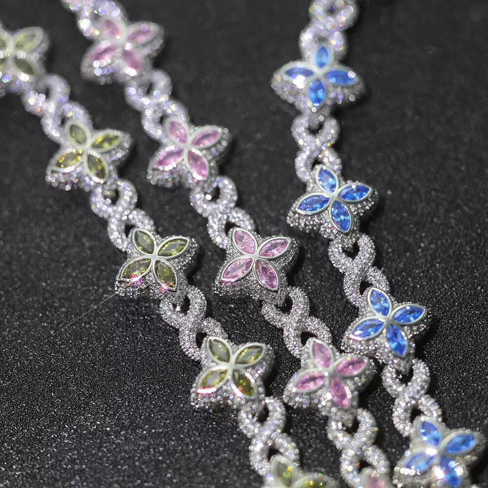 Luxury 925 Sterling Silver Versatile Hip Hop Link Chain Necklace Colored Moissanite Cuban Clover Flower Pattern Unisex