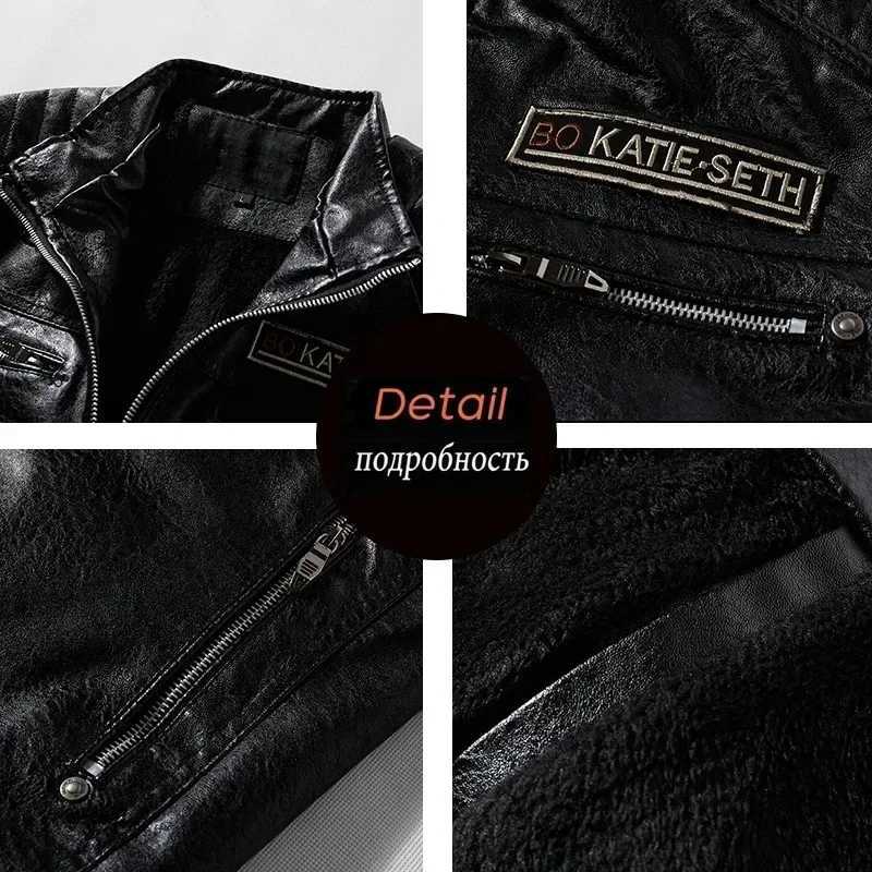 Mens Stand Collar Leather Jacket Winter Fleece Motorcycle Faux Leather Windbreaker Jacket Removable Fur Collar Slim Biker CoatT251204