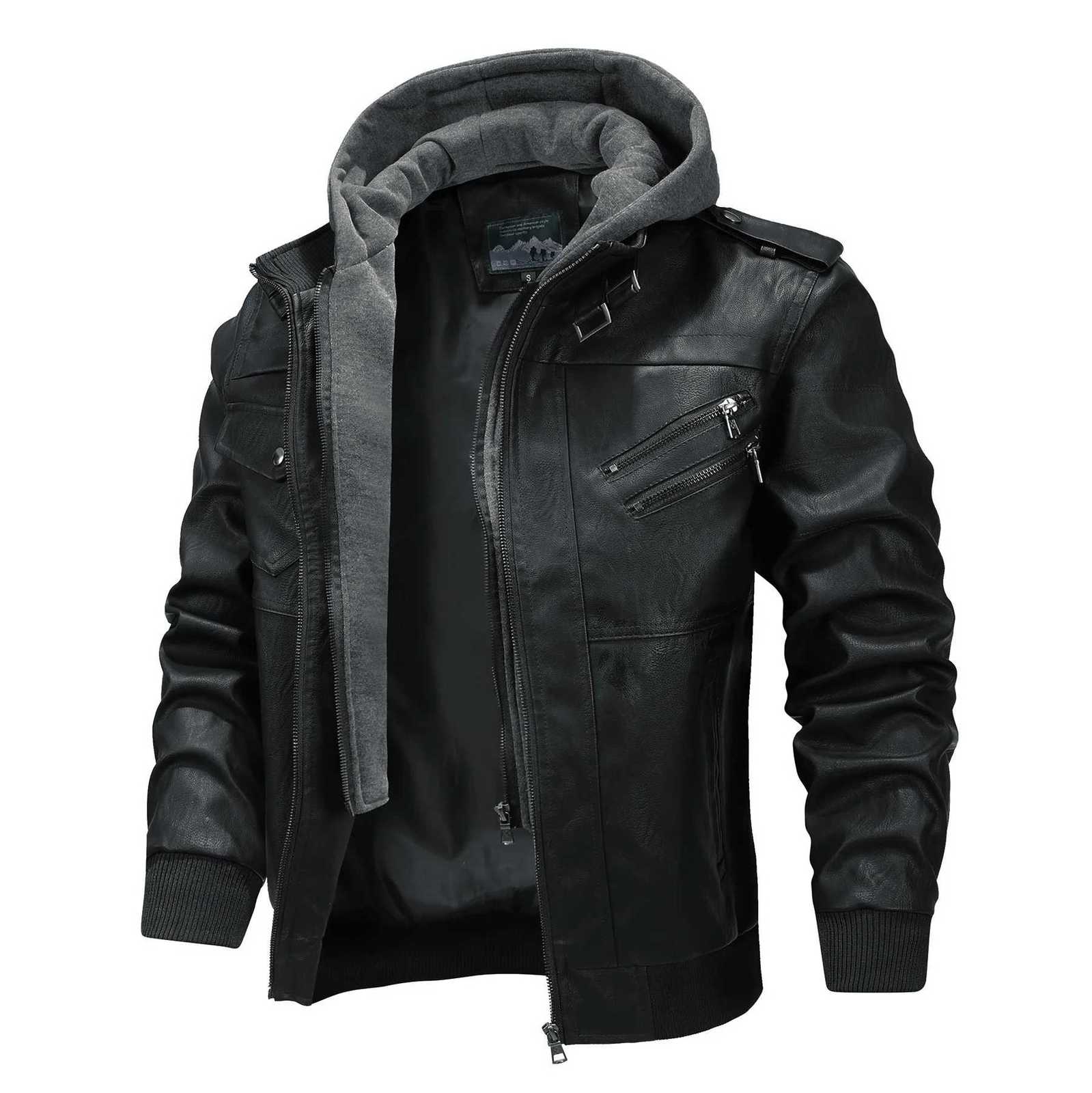Casual Jacket Removable Hood Men Winter Vintage Motorcycle Biker Leather Jacket Winter Pilot Leather Jackets Windproof Warm CoatT251204