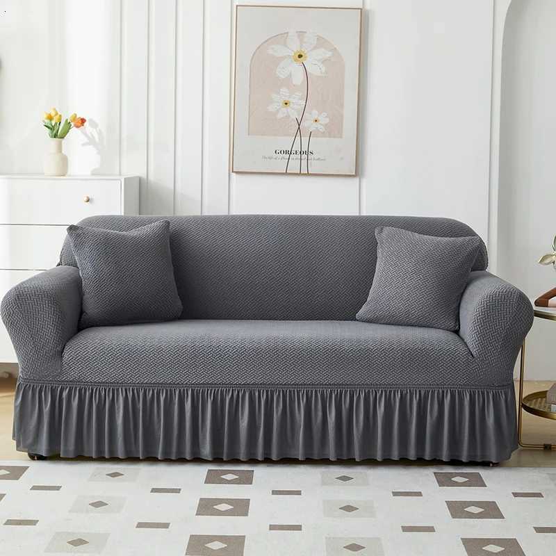 Solid Color Thick Sofa Cover for Living Room Elastic Jacquard 1/2/3/4 Seater Sofa Cover With Skirt M251204 - view 4