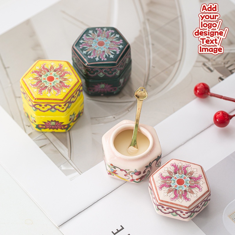 Custom Deodorant oil Mini Body Balm Painted Flowers Hexagonal Ceramic Storage Jar Moisture-Proof Sealed Jar Very Beautiful Decor