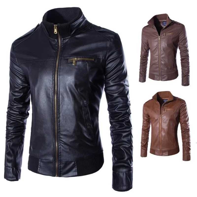 Fashion Mens Solid Color Leather Jacket High-quality PU Leather Stand-collar Slim CoatsT251204