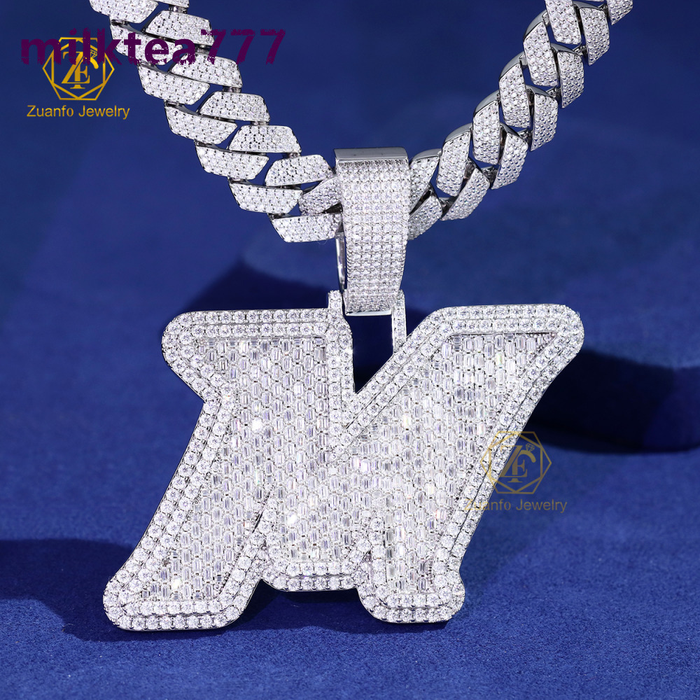 Custom Vvvs Baguette Moissanite Diamond Pendant 18K Gold Plated 925 Silver Iced Out Jewelry Letter M Pendant for Cuban Chain