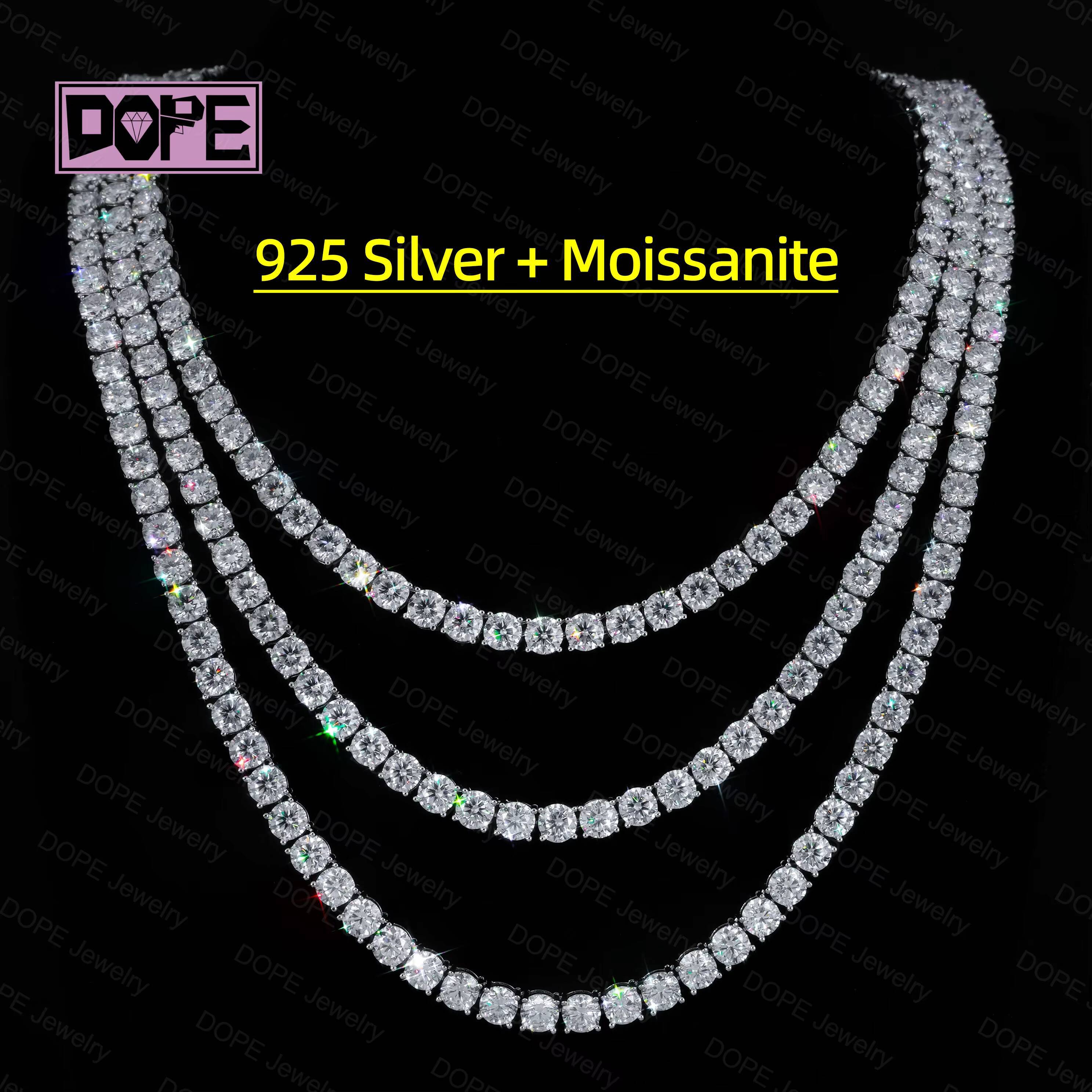 Ready to Ship 3mm 4mm 5mm Moissanite Chain Real D Grade VVS 925 Silver Moissanite Tennis Chain