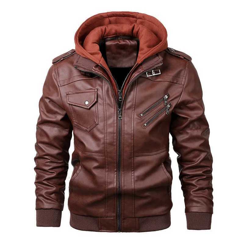 Fake Two Piece Leather Jacket Mens Double Zipper Hooded Bike Leather Jacket Removable With Hat JacketT251204