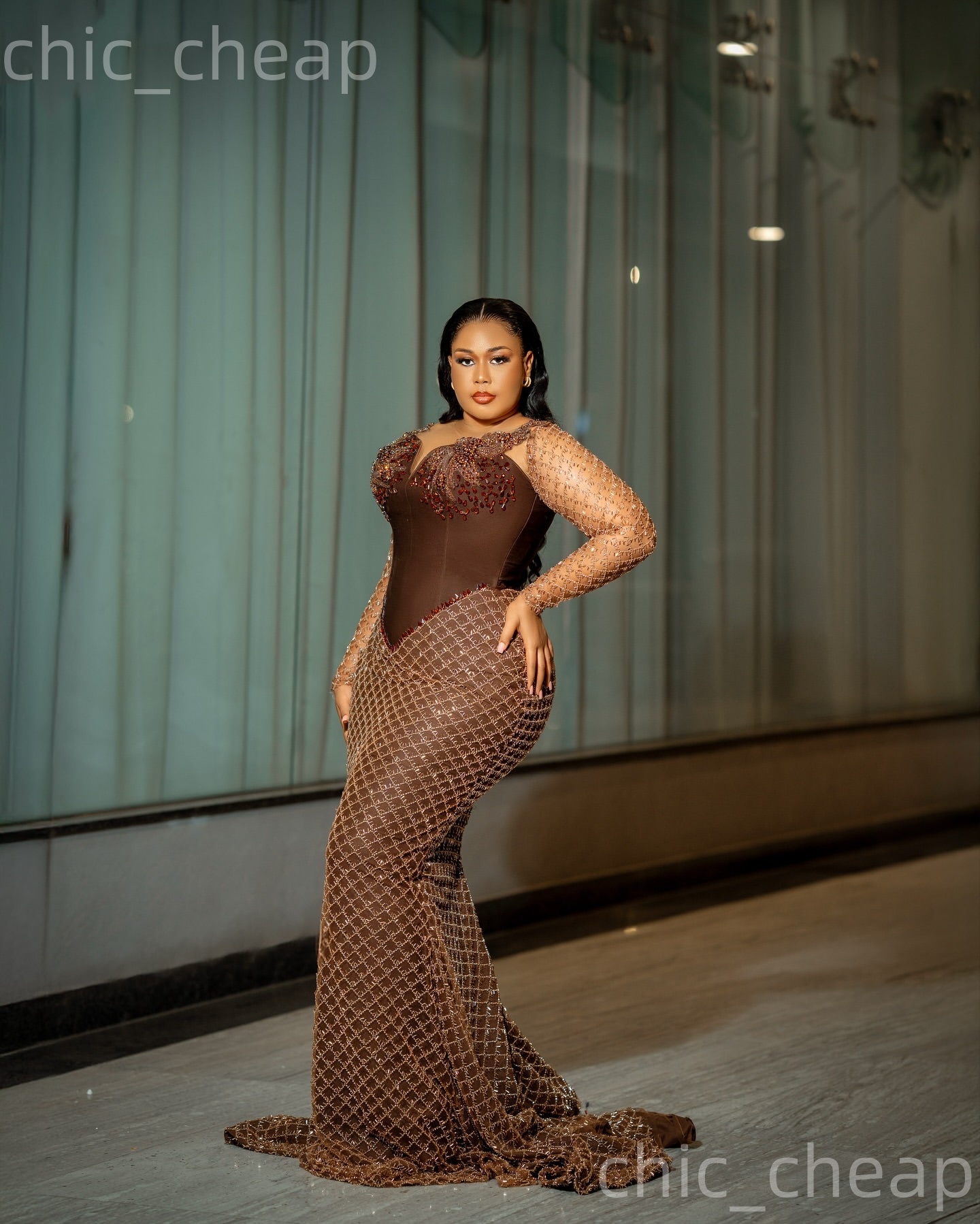 Aso Ebi Chocolate Mermaid Prom Dresses 2026 Sheer Neck Crystals Sparkly Evening Formal Party Second Birthday Engagement Gowns Plus Size Dress For Spec