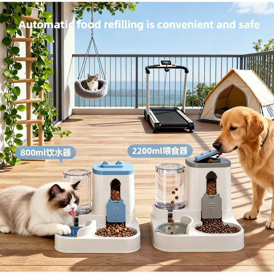 Dog Cat Automatic Feeder Waterer Set Gravity Design Leak-Proof Spill-Proof Anti-Slip Easy to Clean Built-In Food Bowl M251204