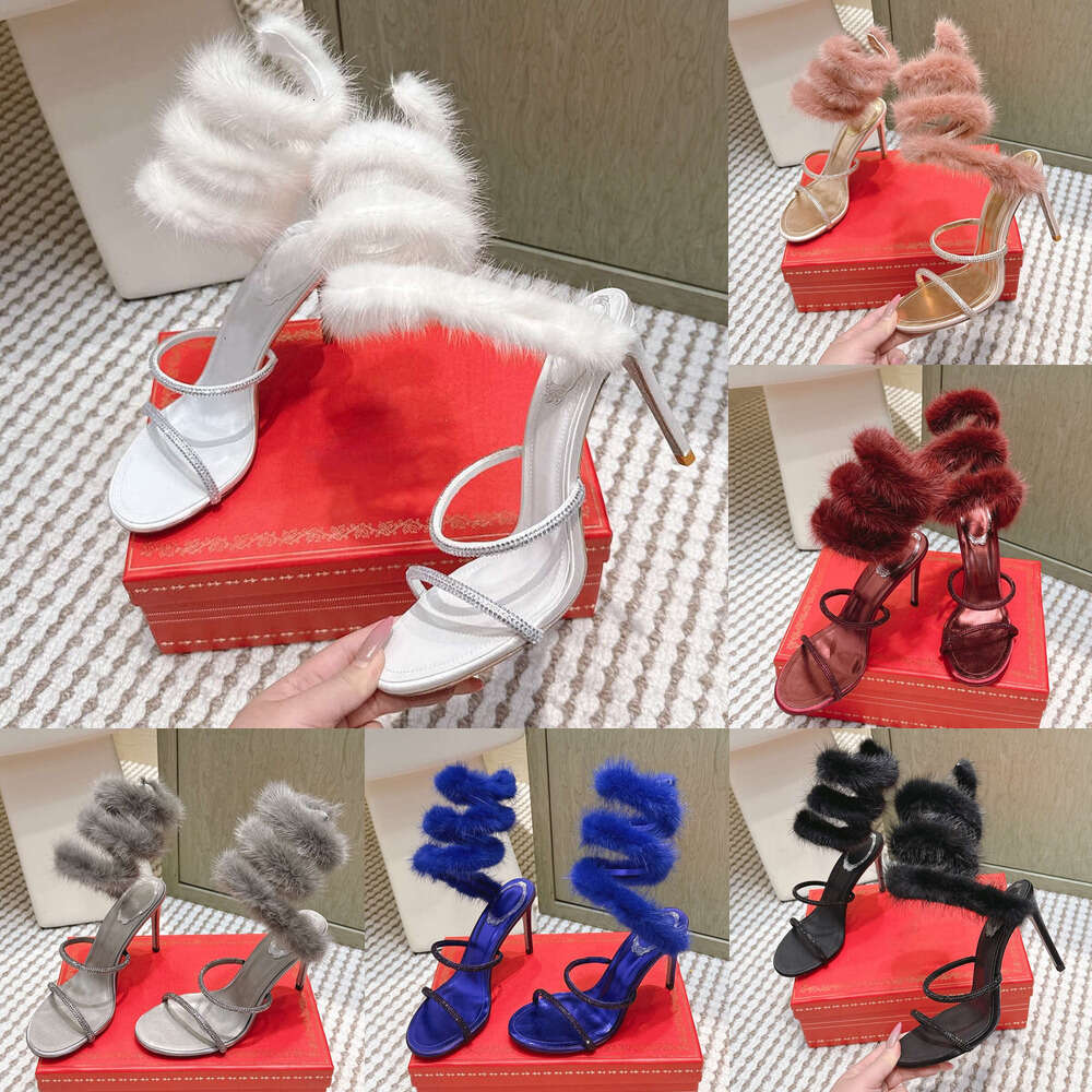 top luxury Designer Women's High heel Sandal Embellished with Rhinestones Pink rabbit fur Stiletto Heel sandals Snake-like Ankle Wraparound wedding Evening shoes