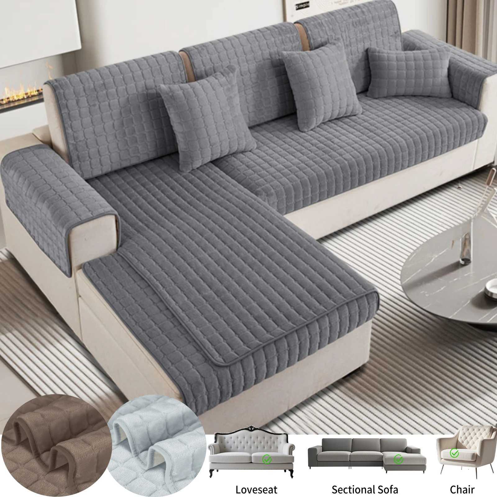 Velvet Plush Plaid Quilted Sofa Cover Super Soft Non Slip Sectional Couch Cover Fluffy Fuzzy Slipcover Furniture Protector M251204