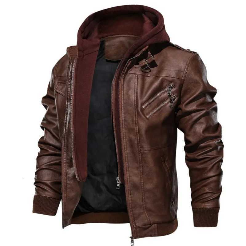 Autumn Mens Motorcycle Leather Jacket PU Fashion Slim-fit Removable Knitted Hat Leather Jacket MensT251204