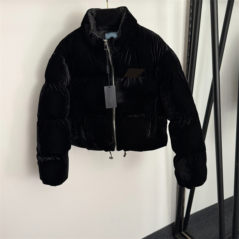 Luxury Velvet Puffer Jackets Women Cropped Cotton Padded Coat Black Long Sleeve Stand Collar Zipper Jacket Winter Warm Stylish Puffy Outerwear