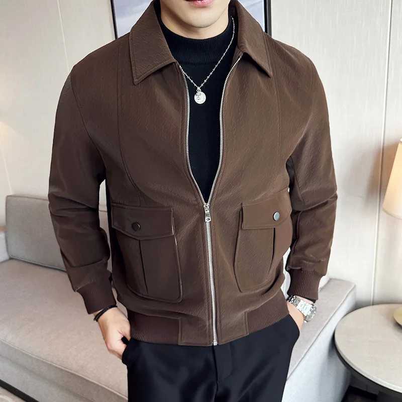 Mens Jackets High Quality Business Casual PU Jacket For Men Fashion Turn Down Collar Zip Up Slim Fit Coats Male Clothing BlackT251204