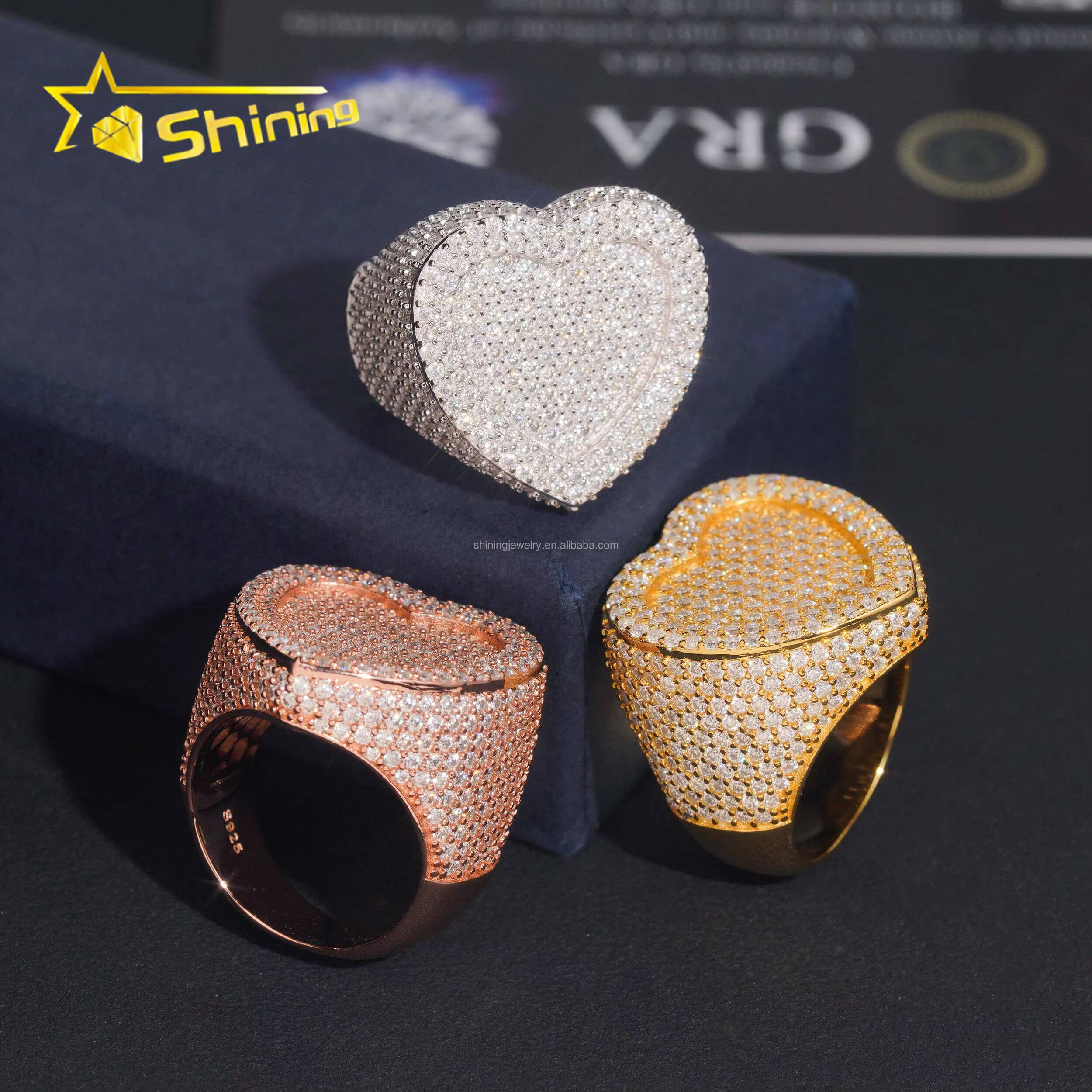 Bulk Stock Drop Shipping Hip Hop Fire Jewelry Man S925 Solid Silver Iced Out VVS1 Moissanite Diamond Heart Shape Ring Man Gift