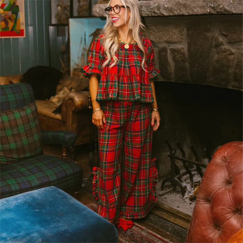 Women Christmas Plaid Pajama Set Y2k Ruffle Hem Puff Sleeve doll Shirt Gingham Pants 2 Piece Pj Sleepwear Party Lounge Set 251201