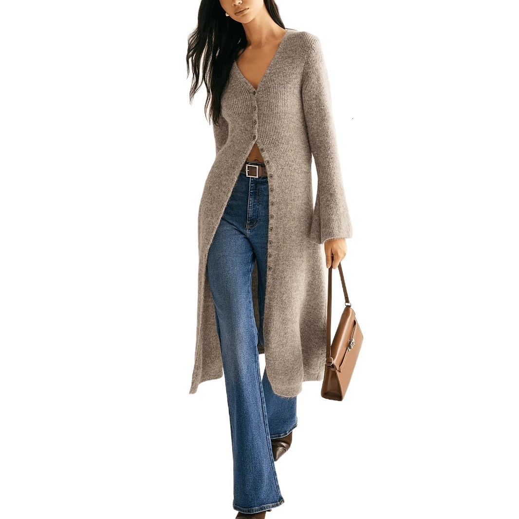 French Long Knit Cardigan Women High-end Mohair Sweater Jacket Fashion Runway V-neck Wool Knitwears Autumn Winter F569 241112