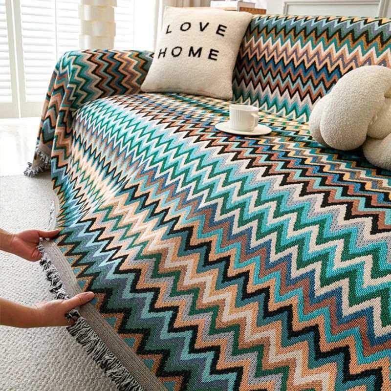 1PC Ethnic Sofa Towel Wave Print Jacquard Sofa Blanket With Tassels Four Seasons Universal Double Face Usable Home Decor M251204 - view 5