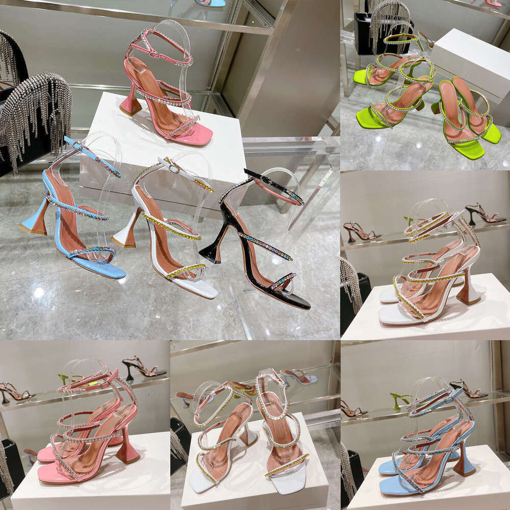 9.5cm Crystal embellished strap spool Heels heel for slipper Ankle strap pump Stiletto women summer Banquet dress party Wedding shoe luxury Sandals Designer sandal