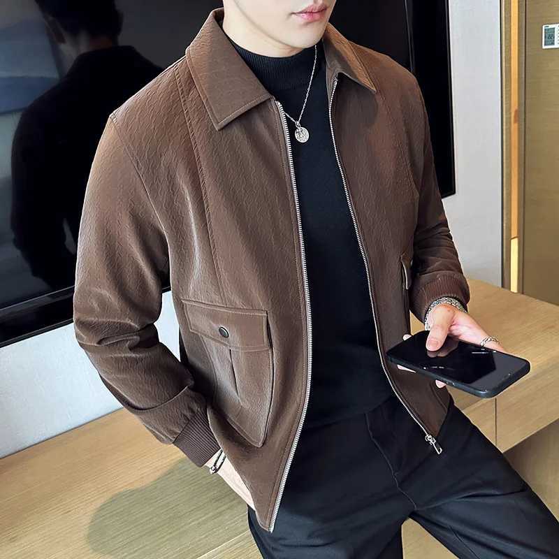 Mens Jackets High Quality Business Casual PU Jacket For Men Fashion Turn Down Collar Zip Up Slim Fit Coats Male Clothing BlackT251204