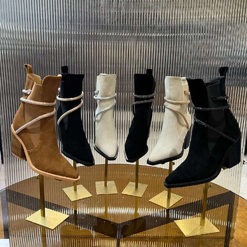Top Luxury Martin boots Winter Shoes Rhinestone Snake Strap Pointed Toe Chunky Heel Short Booties Designer boot woman Fashion Women Genuine Leather Ankle Boots