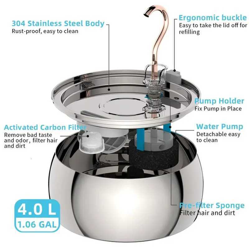 Pet Intelligent Water Dispenser Stainless Steel Fountain Automatic Circulation Cat Water Dispenser Mute Feeder 4L Swan Neck M251204