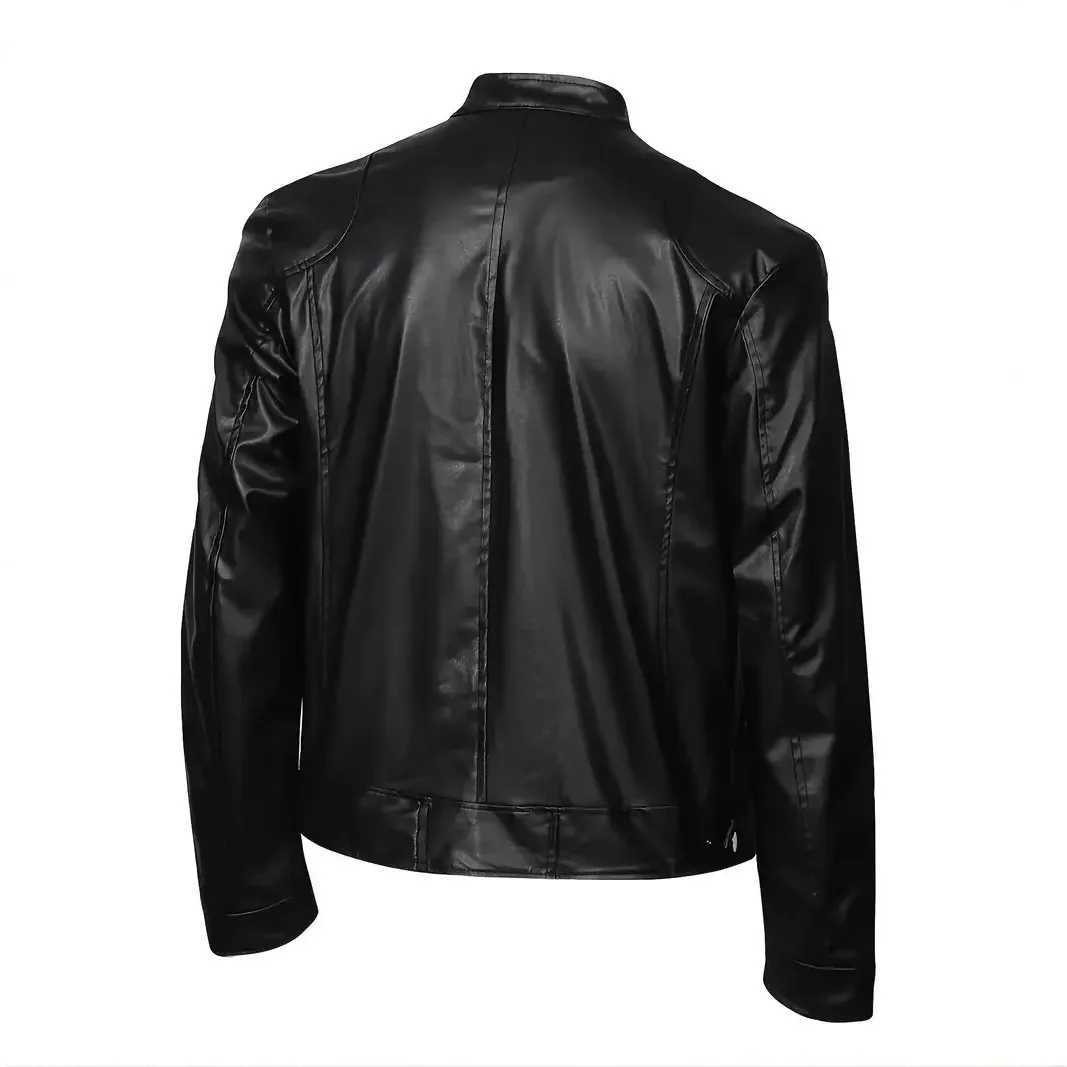 Black Color Mens Stand Up Collar Slim Fit Pu Leather Jacket with Chain Pockets Motorcycle Streetwear Mens ClothesT251204