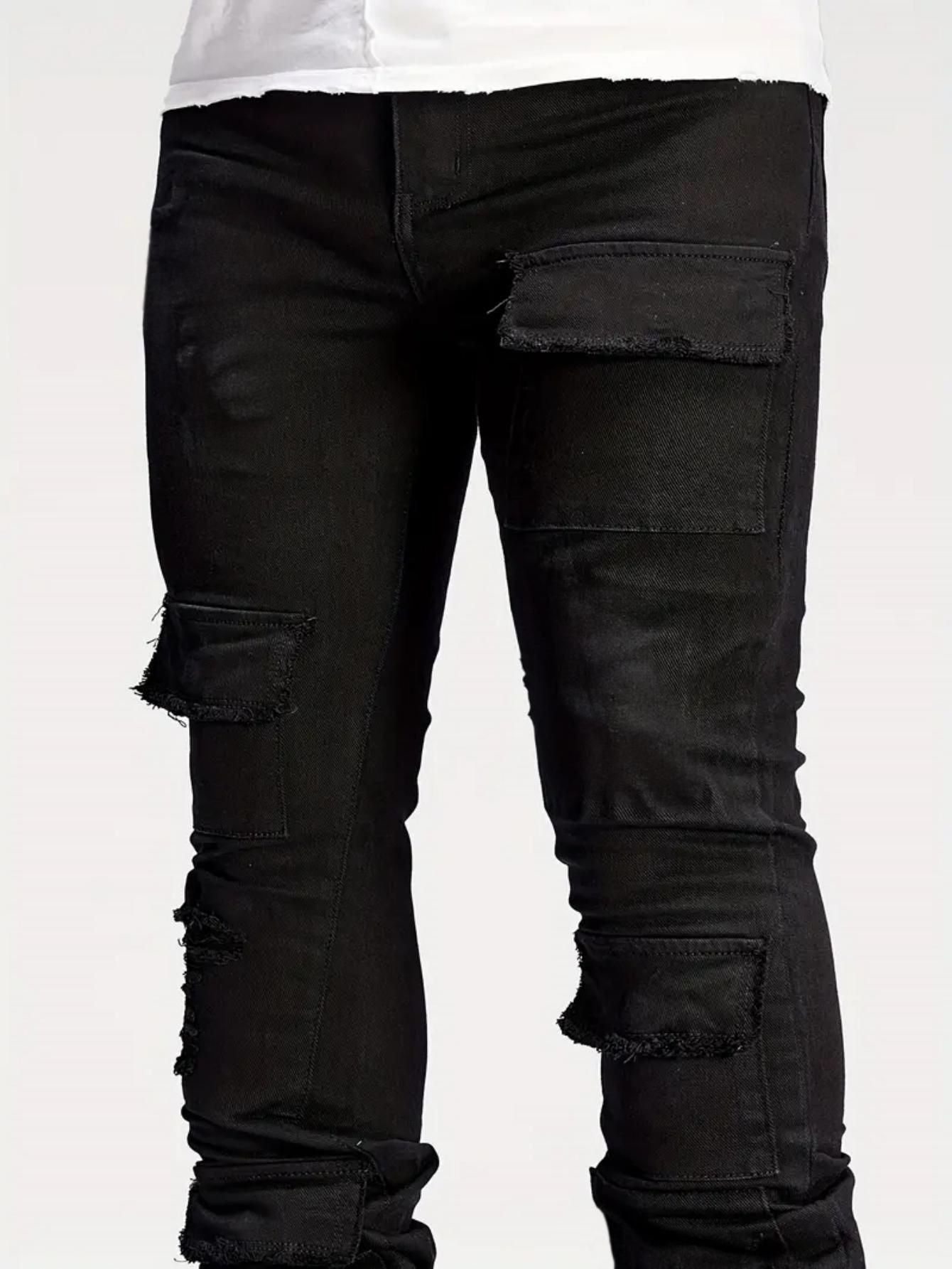 Popular spring men's high-street black lace-up mid-waist sexy elastic and form-fitting casual denim long pants selling well across borders in Eur