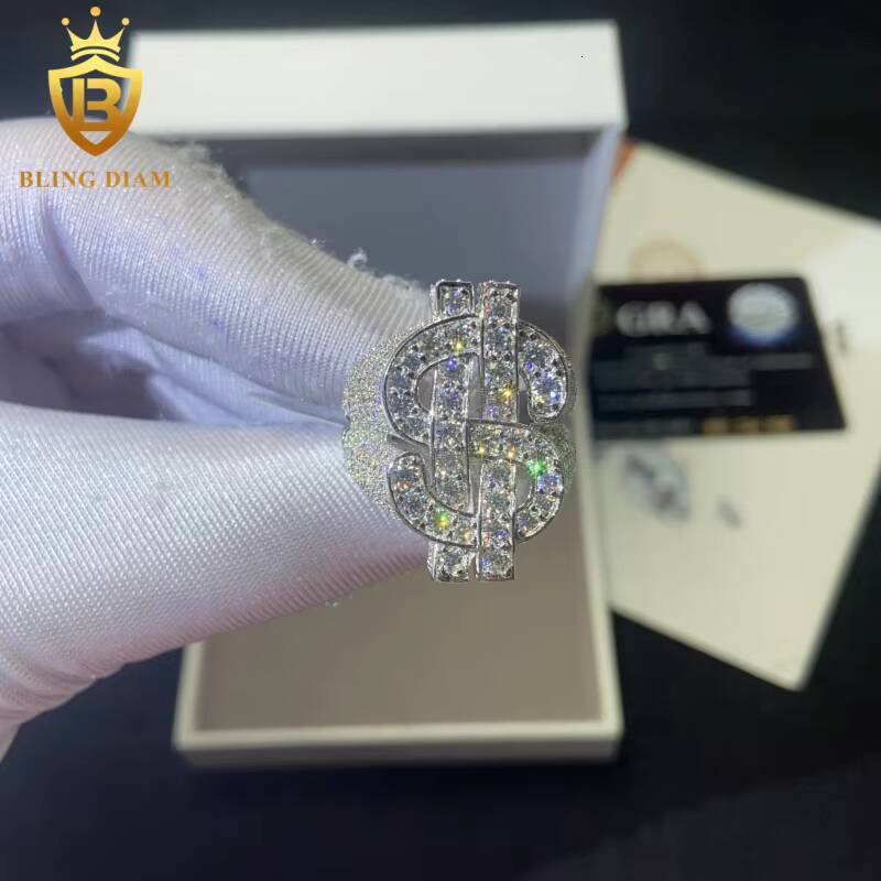 925 Sterling Silver Moissanite Rings Dollar-Shaped Ring Iced Out Moissanite Hip Hop Style Jewelry Ring Pass Diamond Test GRA