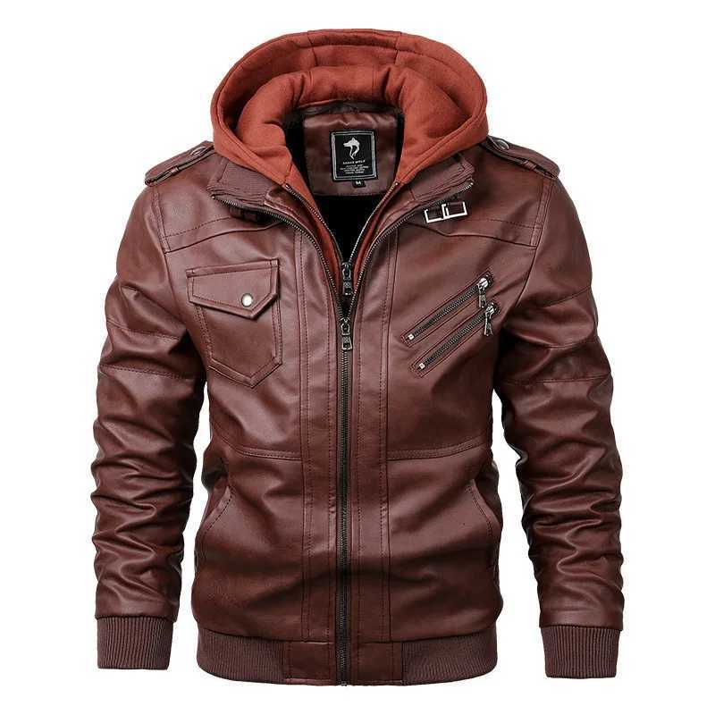 Autumn Mens Motorcycle Leather Jacket PU Fashion Slim-fit Removable Knitted Hat Leather Jacket MensT251204