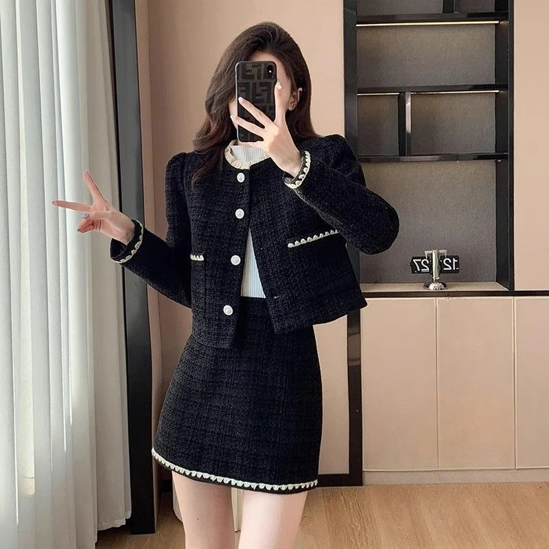 Winter Womens Two Pieces Set Tweed Suit Set with Blazer and Skirt Button Chic Korean Fashion Casual Events Woman Clothes 251203
