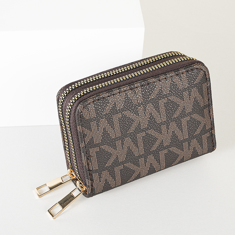 Women's wallet with dual zippers, European and American retro style, compact and compact, with multiple card slots, fashionable card bag, and coi