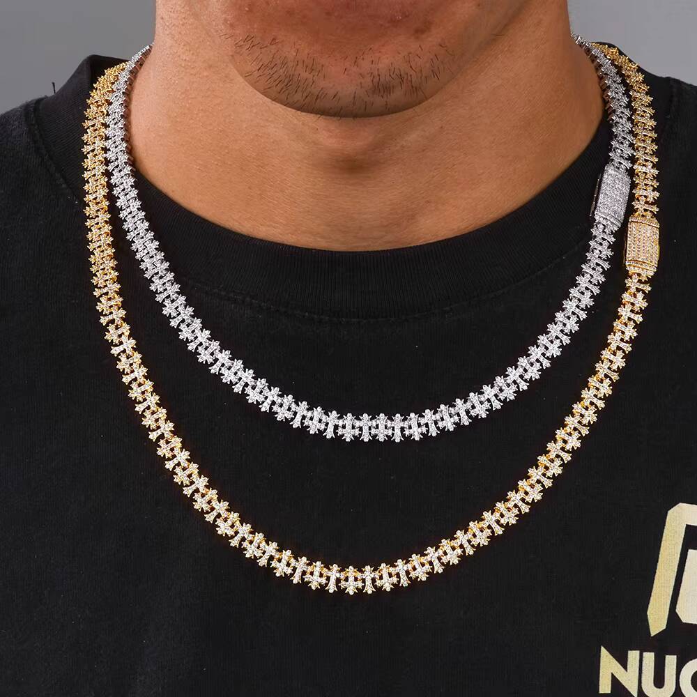NUOYA Luxury 11MM Iced Out Diamond Link Chain Gold Plated Cross Bling Zircon Necklace Hip Hop Fine Jewelry